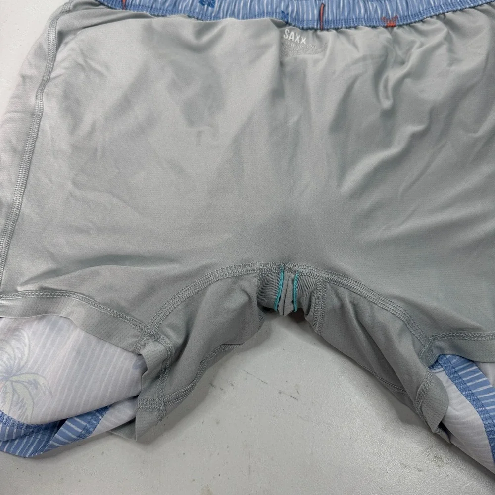 Saxx Swim Shorts Mens Large Blue Striped Oh Buoy 2N1 BallPark Pouch Palm Tree